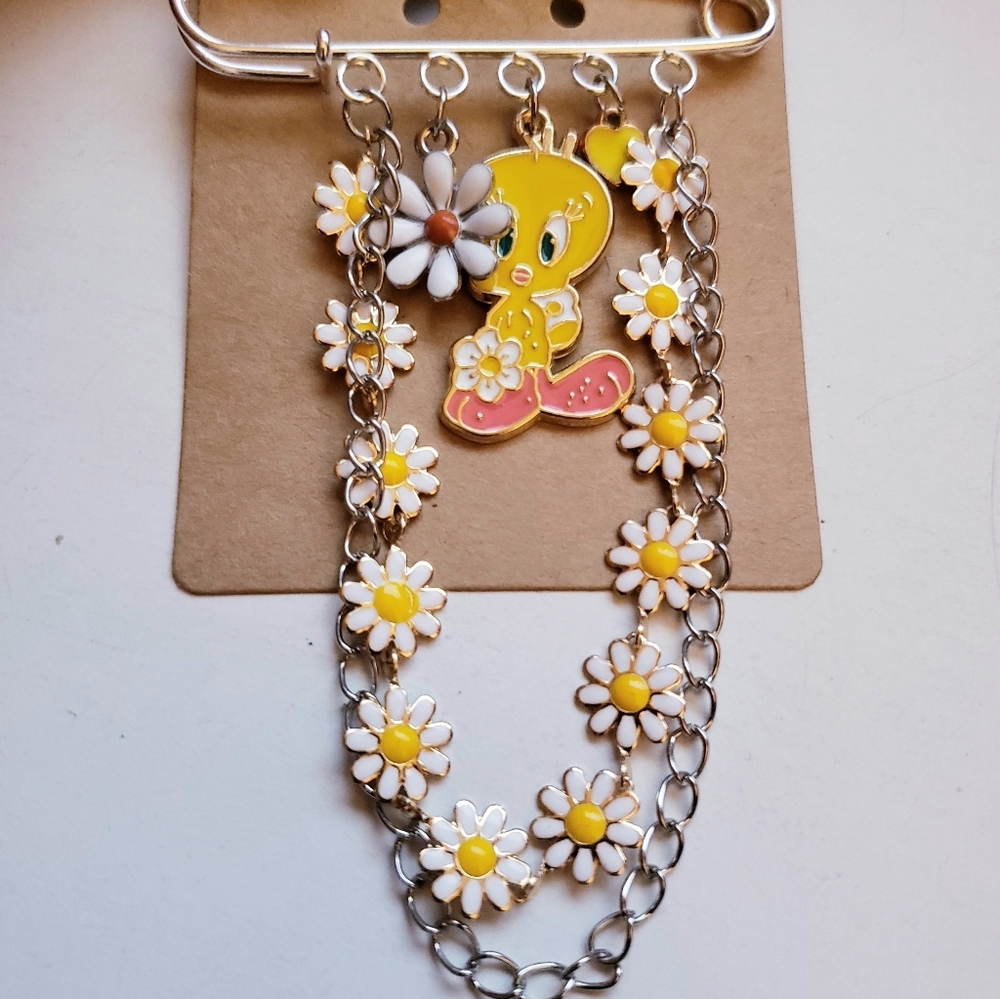 Handmade Daisy Tweety Bird Charm Safety Pin Brooch